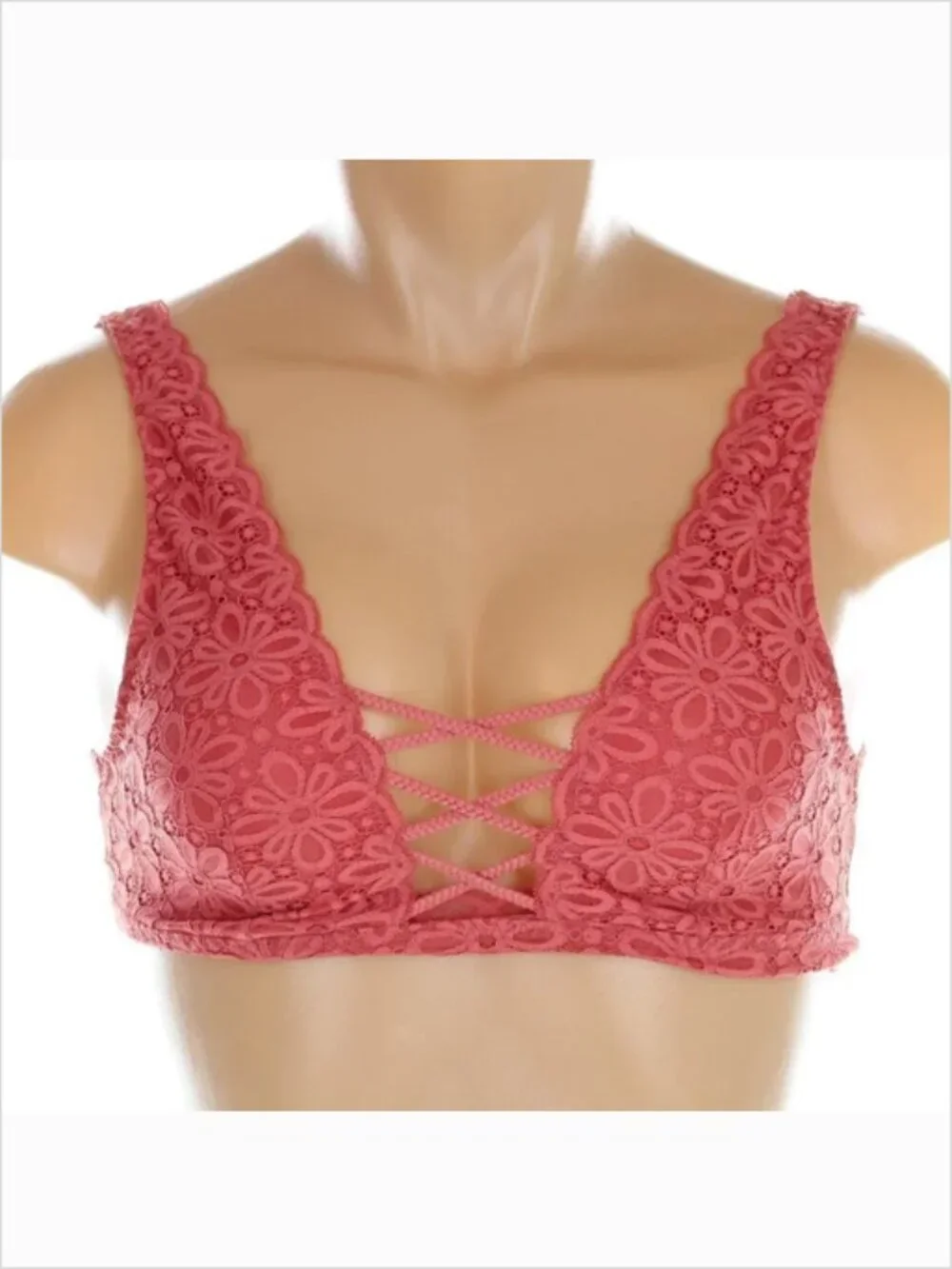 Victoria's Secret Lace-Up Front Floral Lace Bralette in Rose Pink - Size S NWT